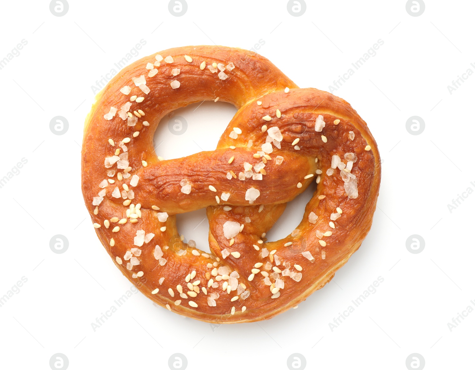 Tasty pretzel with salt isolated on white, top view Photo of Tasty pretzel with salt isolated on white, top view