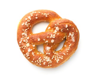 Photo of Tasty pretzel with salt isolated on white, top view