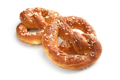 Photo of Tasty pretzels with salt isolated on white