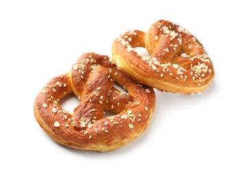 Photo of Tasty pretzels with salt isolated on white
