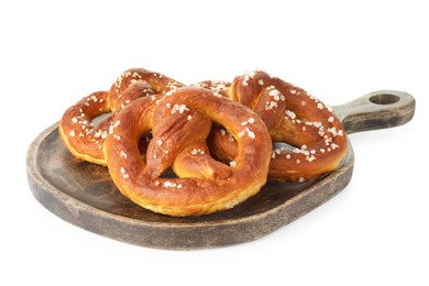 Photo of Tasty pretzels with salt isolated on white