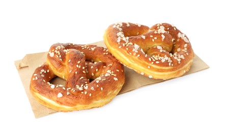 Photo of Tasty pretzels with salt isolated on white