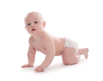 Photo of Cute little baby crawling on white background