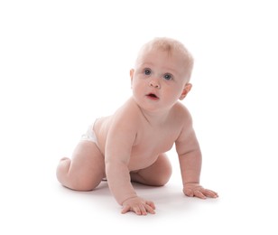 Photo of Cute little baby crawling on white background