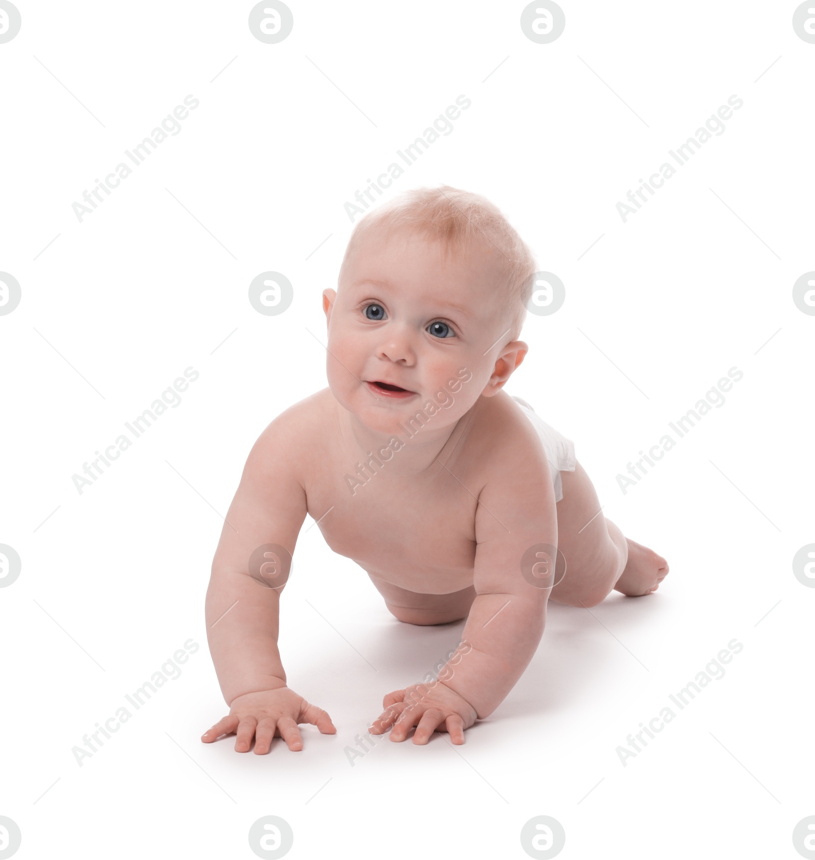 Cute little baby crawling on white background Photo of Cute little baby crawling on white background
