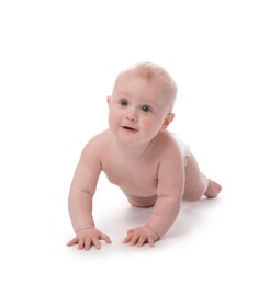 Photo of Cute little baby crawling on white background
