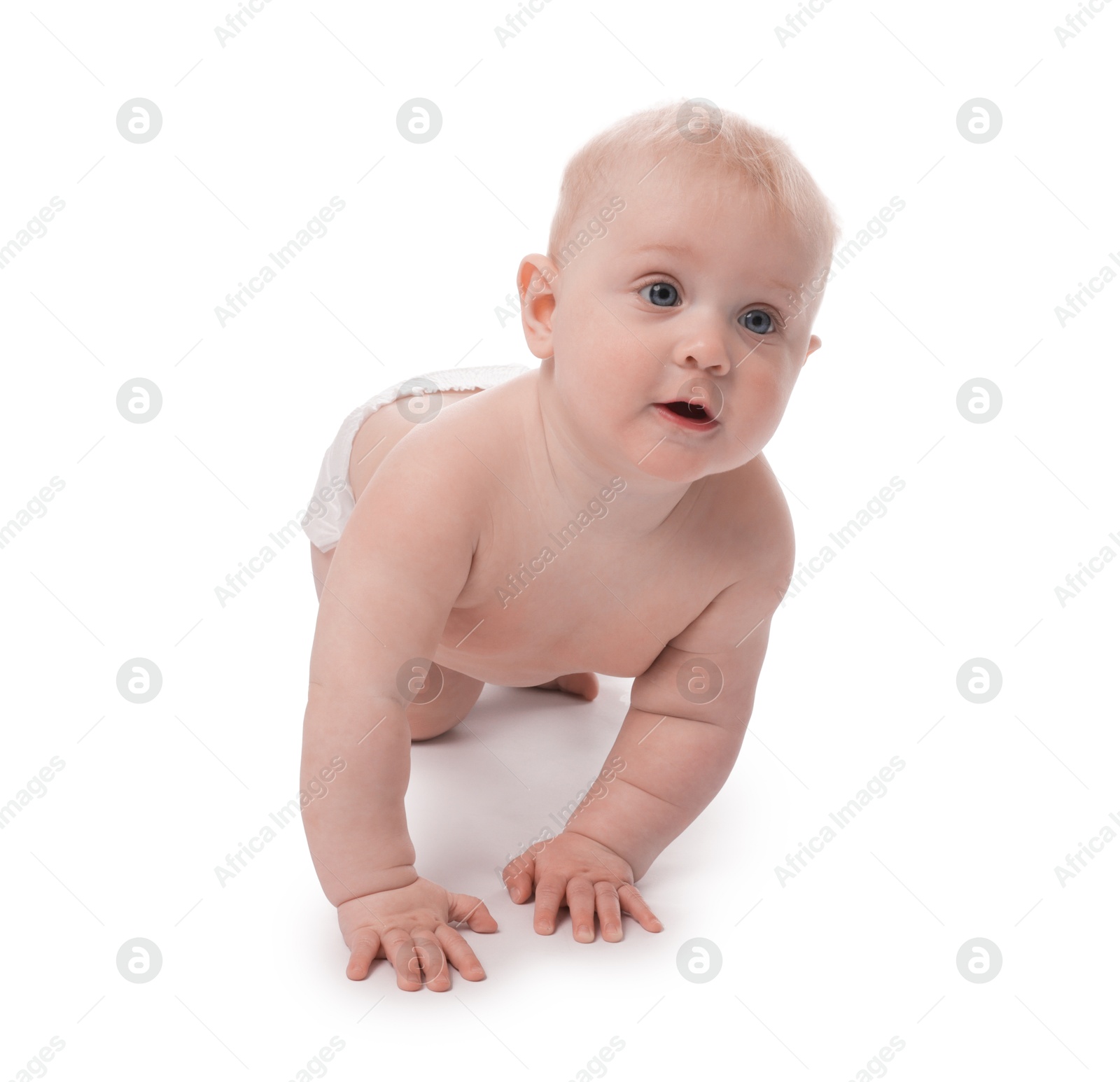 Cute little baby crawling on white background Photo of Cute little baby crawling on white background