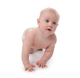 Photo of Cute little baby crawling on white background
