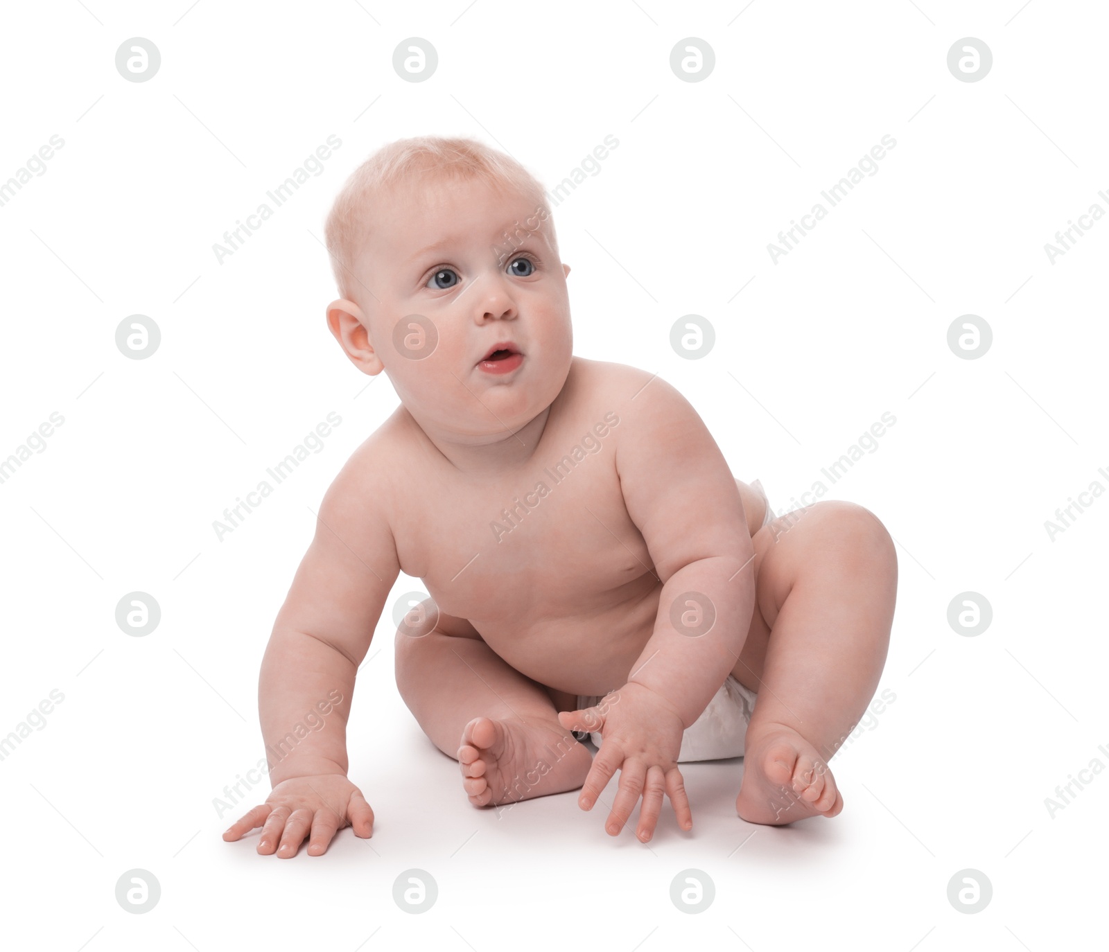Cute little baby sitting on white background Photo of Cute little baby sitting on white background