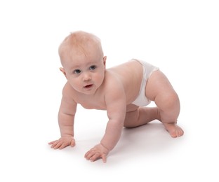 Photo of Cute little baby crawling on white background