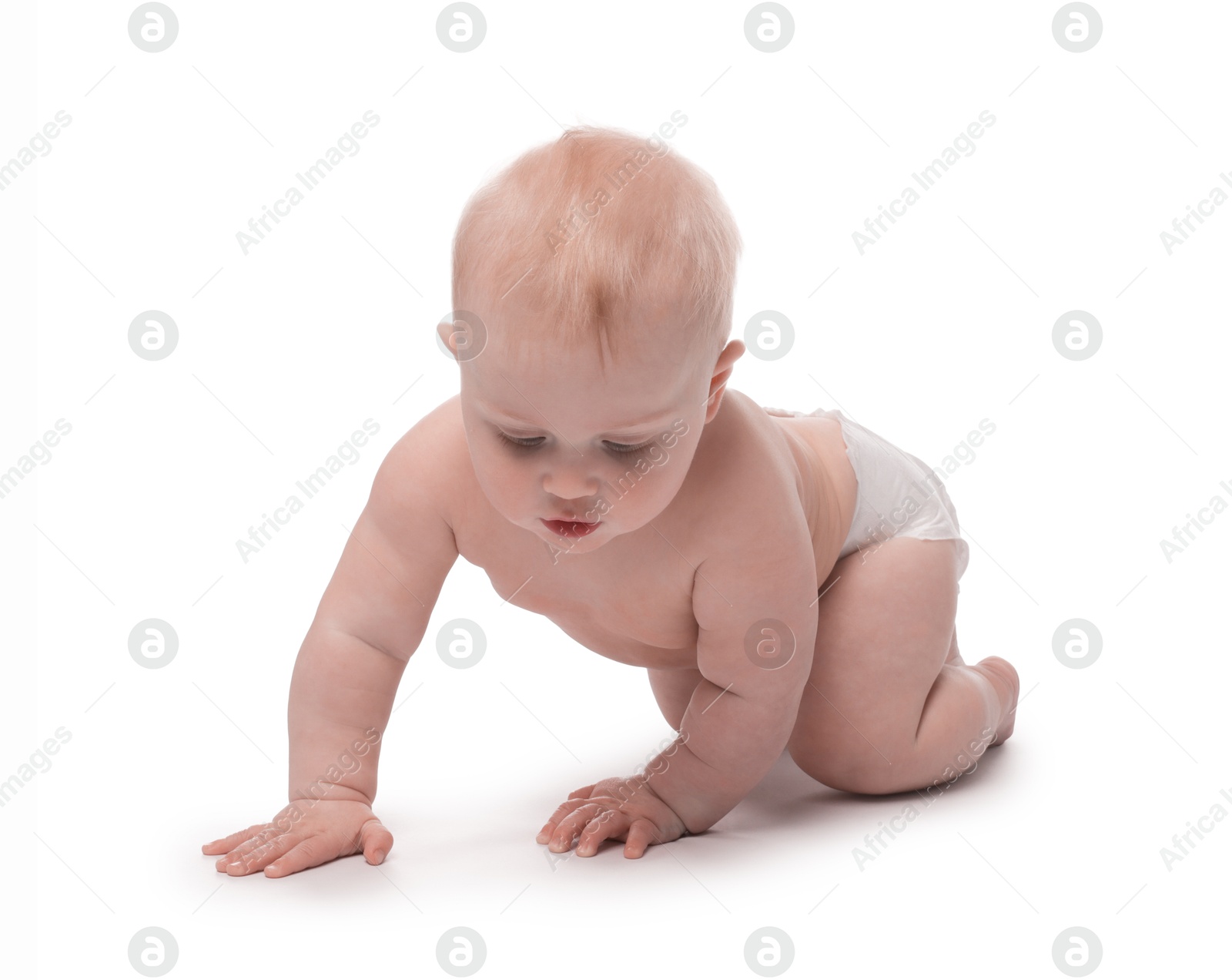 Cute little baby crawling on white background Photo of Cute little baby crawling on white background
