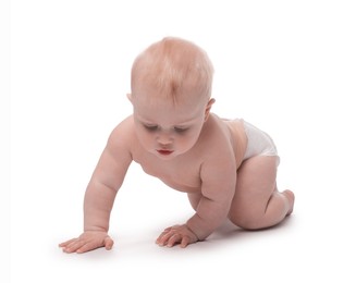 Photo of Cute little baby crawling on white background