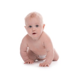 Photo of Cute little baby crawling on white background