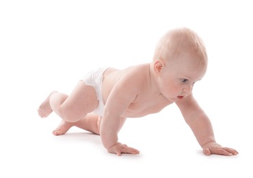 Photo of Cute little baby crawling on white background