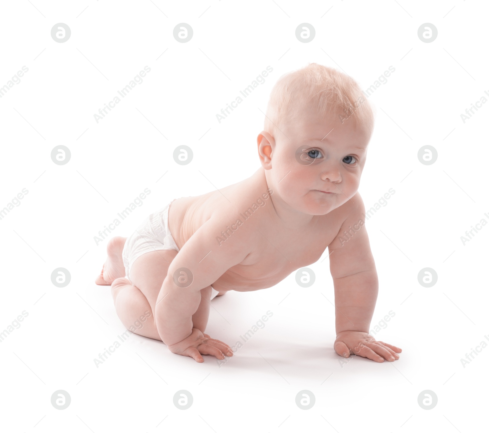 Cute little baby crawling on white background Photo of Cute little baby crawling on white background