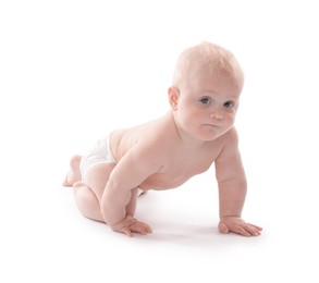Photo of Cute little baby crawling on white background