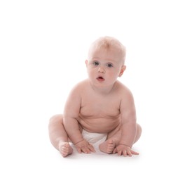 Photo of Cute little baby sitting on white background