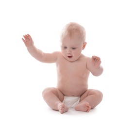 Photo of Cute little baby sitting on white background