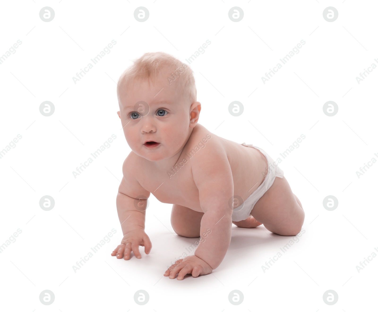 Cute little baby crawling on white background Photo of Cute little baby crawling on white background