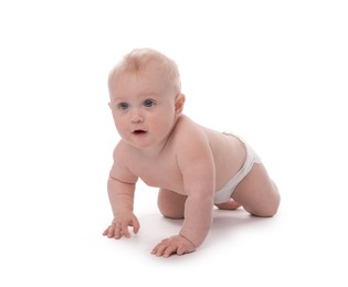 Photo of Cute little baby crawling on white background
