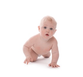 Photo of Cute little baby crawling on white background