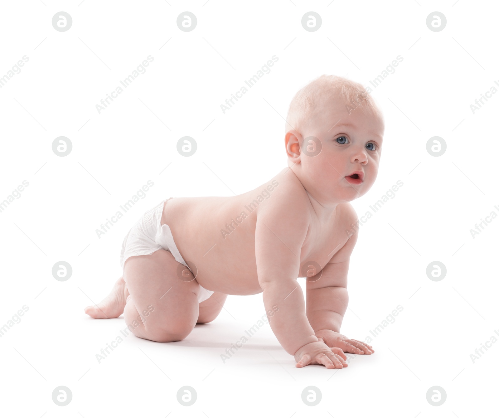 Cute little baby crawling on white background Photo of Cute little baby crawling on white background