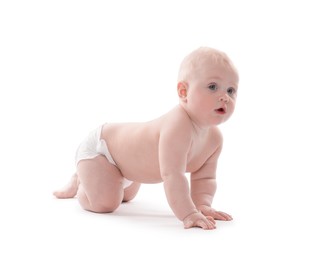 Photo of Cute little baby crawling on white background