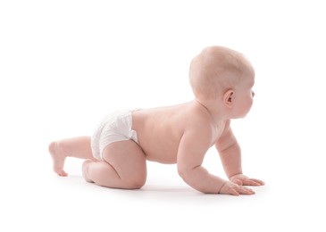 Photo of Cute little baby crawling on white background