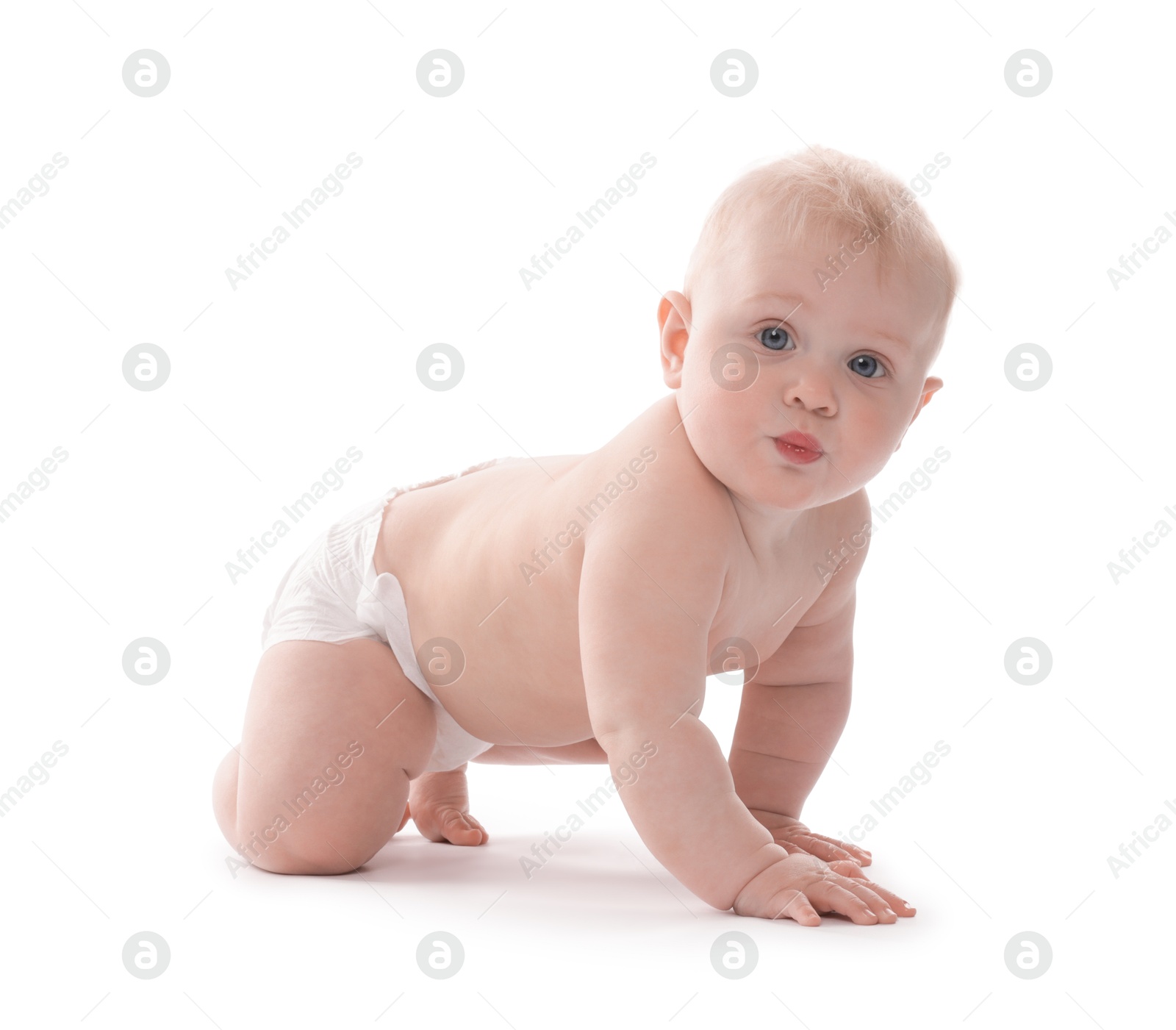 Cute little baby crawling on white background Photo of Cute little baby crawling on white background