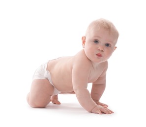 Photo of Cute little baby crawling on white background
