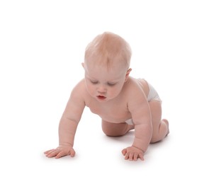 Photo of Cute little baby crawling on white background