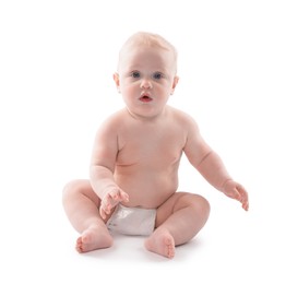 Photo of Cute little baby sitting on white background