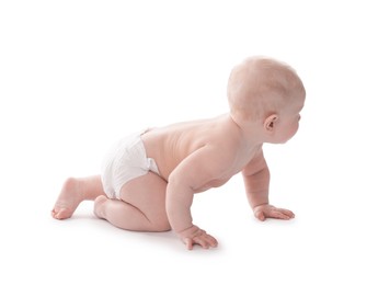 Photo of Cute little baby crawling on white background