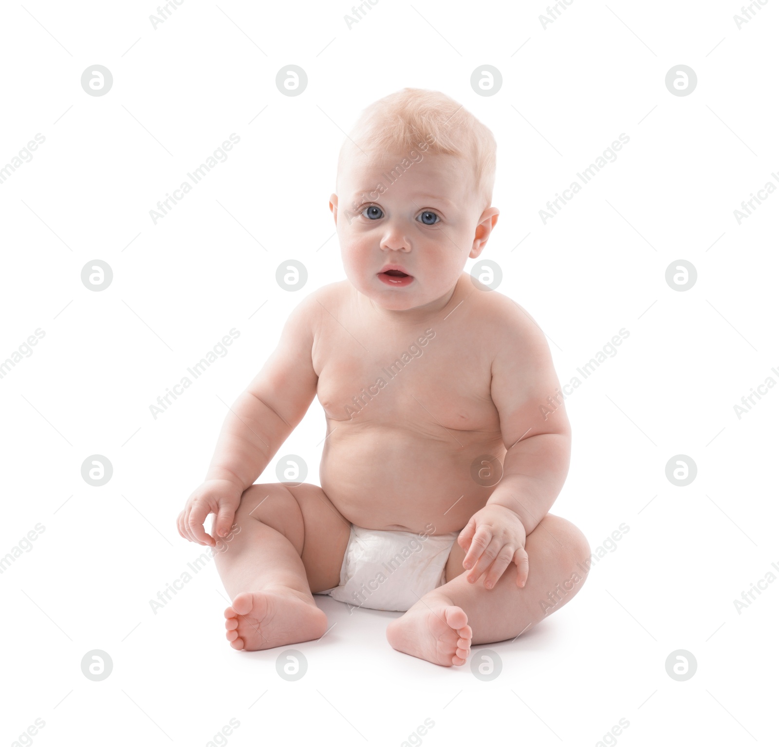 Cute little baby sitting on white background Photo of Cute little baby sitting on white background