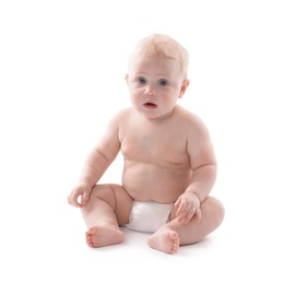 Photo of Cute little baby sitting on white background