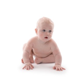Photo of Cute little baby sitting on white background