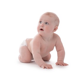 Photo of Cute little baby crawling on white background