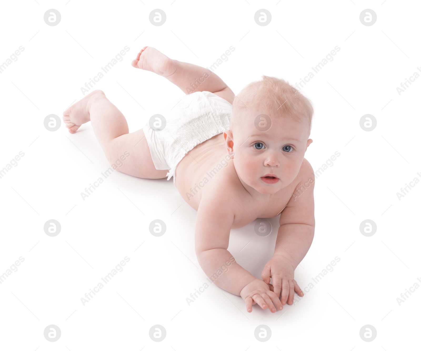 Cute little baby in diaper on white background Photo of Cute little baby in diaper on white background