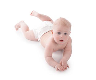 Photo of Cute little baby in diaper on white background