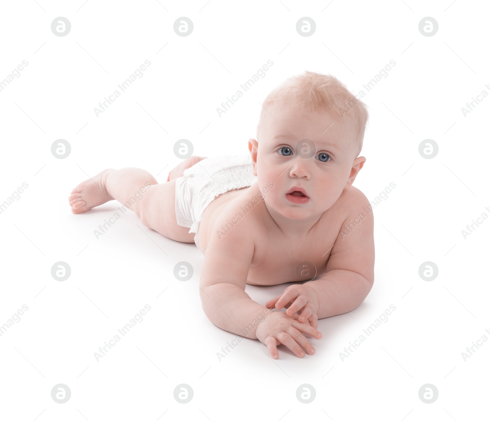 Cute little baby in diaper on white background Photo of Cute little baby in diaper on white background
