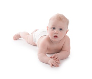 Photo of Cute little baby in diaper on white background