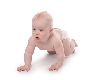Photo of Cute little baby crawling on white background