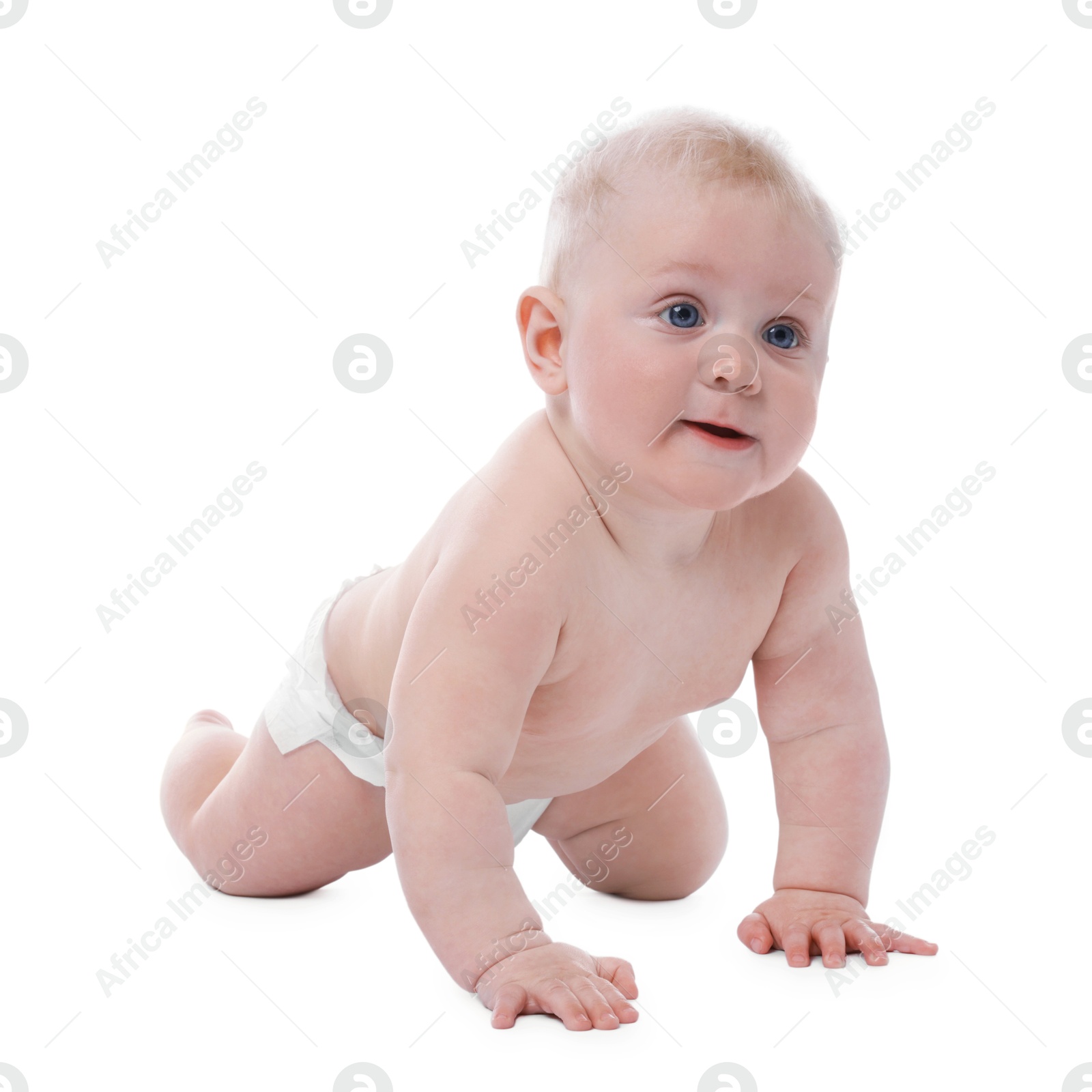 Cute little baby crawling on white background Photo of Cute little baby crawling on white background