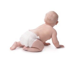 Photo of Cute little baby crawling on white background