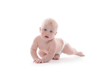 Photo of Cute little baby crawling on white background