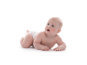 Photo of Cute little baby in diaper on white background