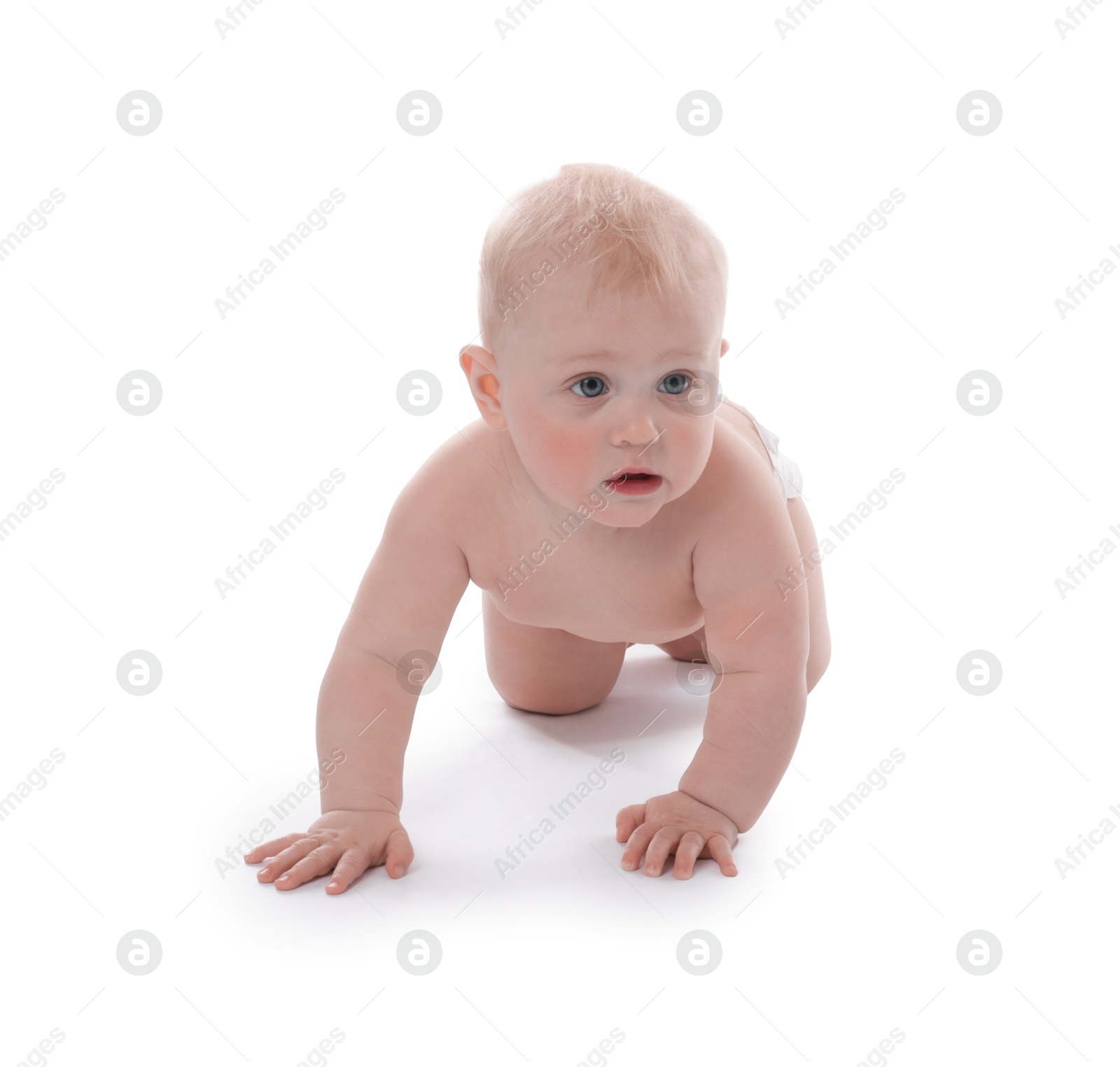 Cute little baby crawling on white background Photo of Cute little baby crawling on white background