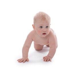 Photo of Cute little baby crawling on white background