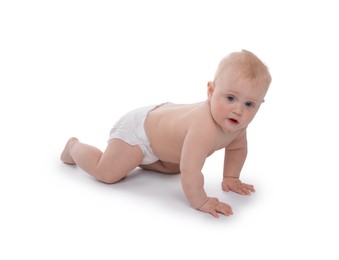 Photo of Cute little baby crawling on white background