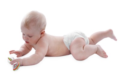 Photo of Cute little baby with rattle on white background